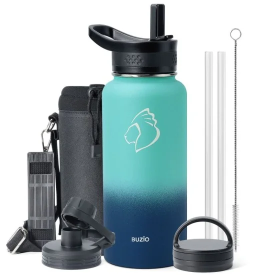 Buzio Trio Series Water Bottle with 3 Lids and Sleeve 1L - Caribbean Blue